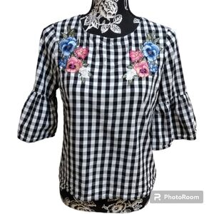 Cindy Kono Gringham Floral Embroidered Top